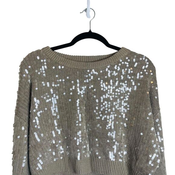 Forever 21 Sweater Womens XL Tan Sequin Pullover Crewneck Knit Party Shimmer - Picture 7 of 8